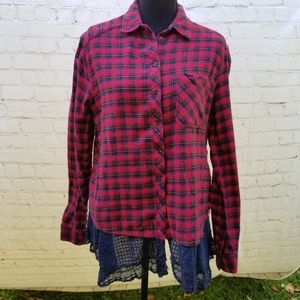 BDG  S Lace Petticoat red navy Flannel Shirt